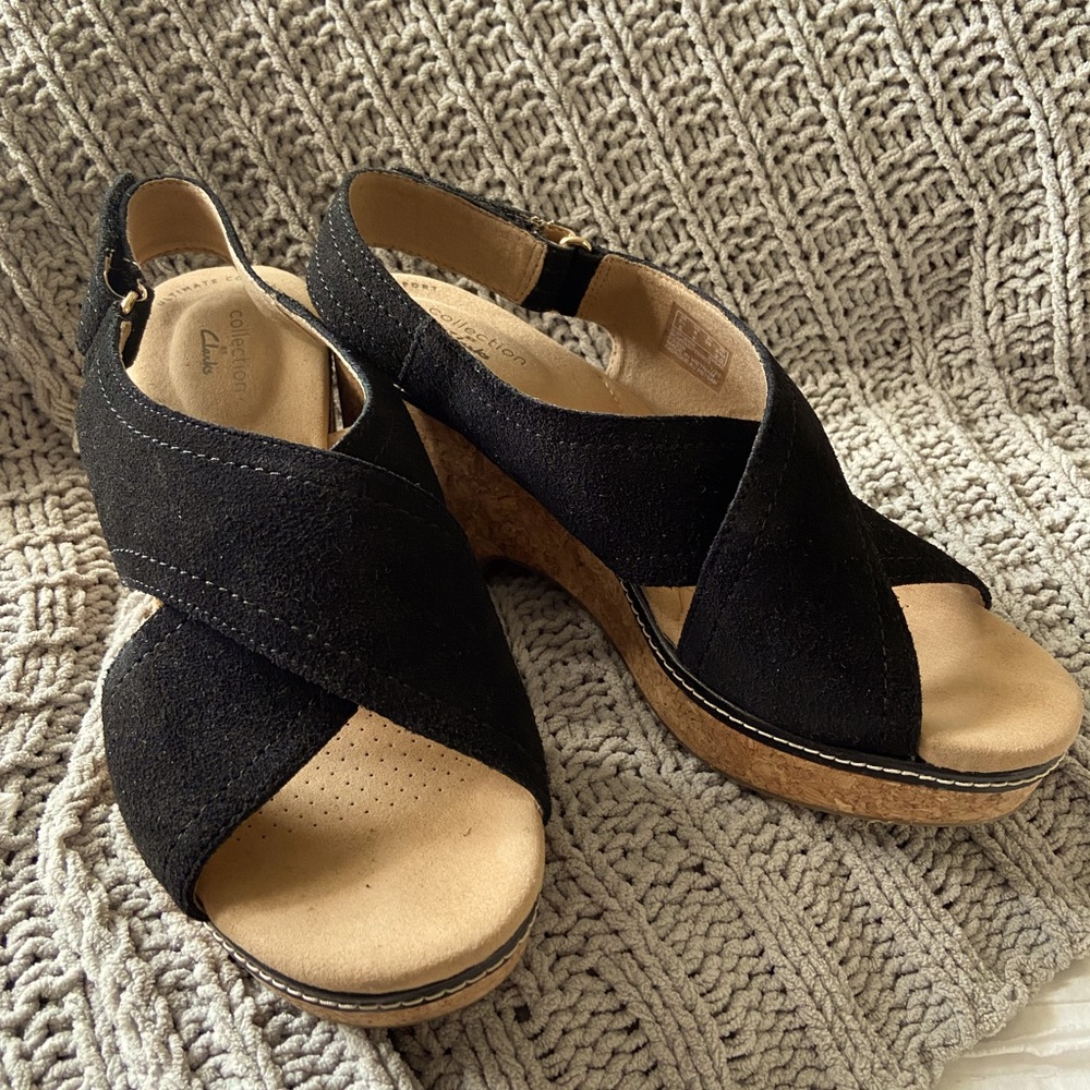 Clarks black suede platform sandals. Do not have shoe box. Size 8W
